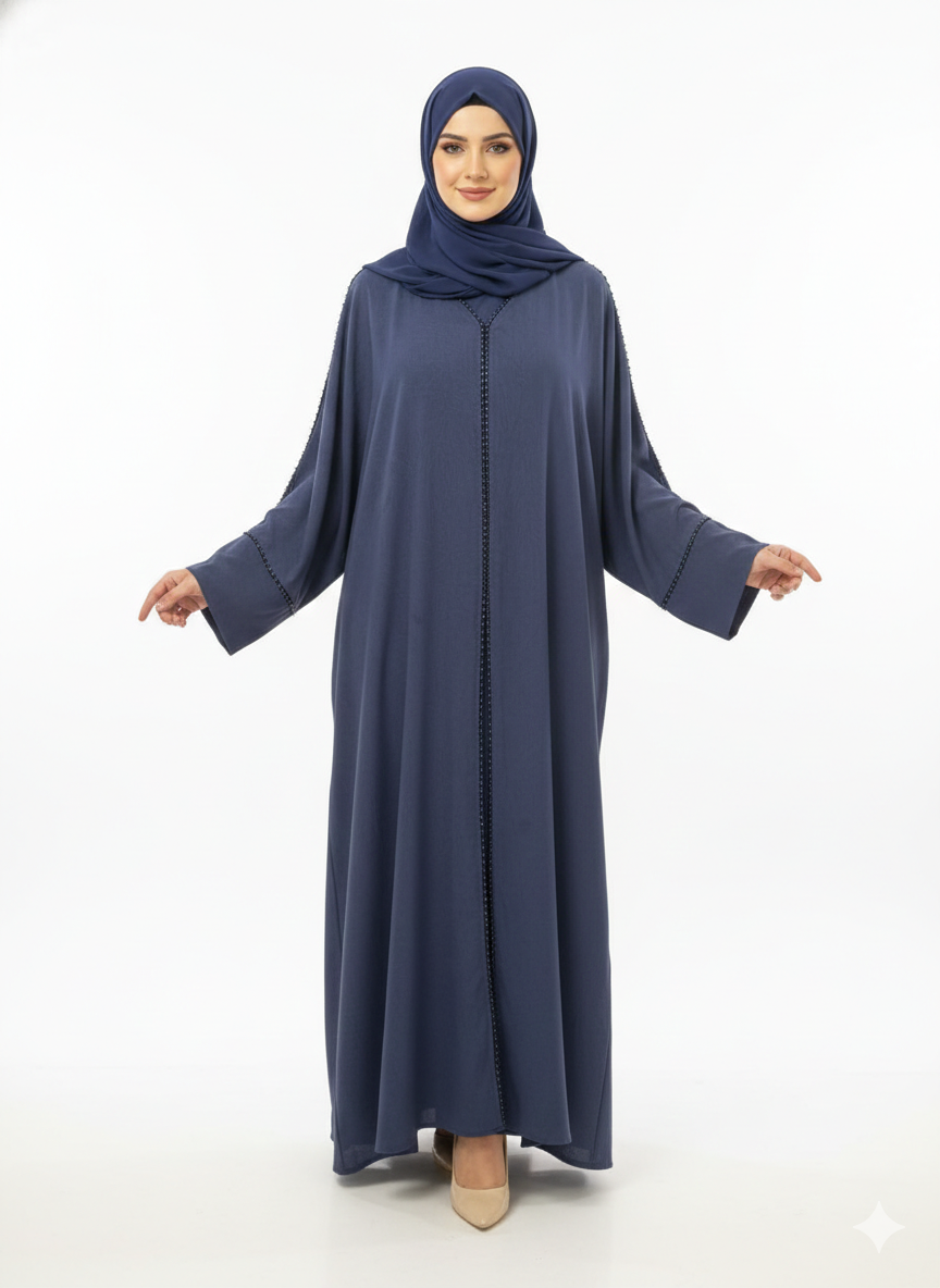 Midnight Navy Tailored Abaya | Rizqé Luxury Beaded Border Wrap with Classic Straight Sleeves