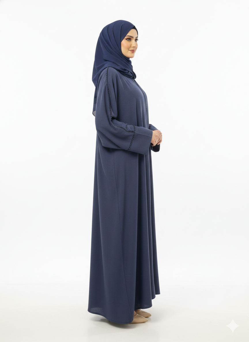 Midnight Navy Tailored Abaya | Rizqé Luxury Beaded Border Wrap with Classic Straight Sleeves