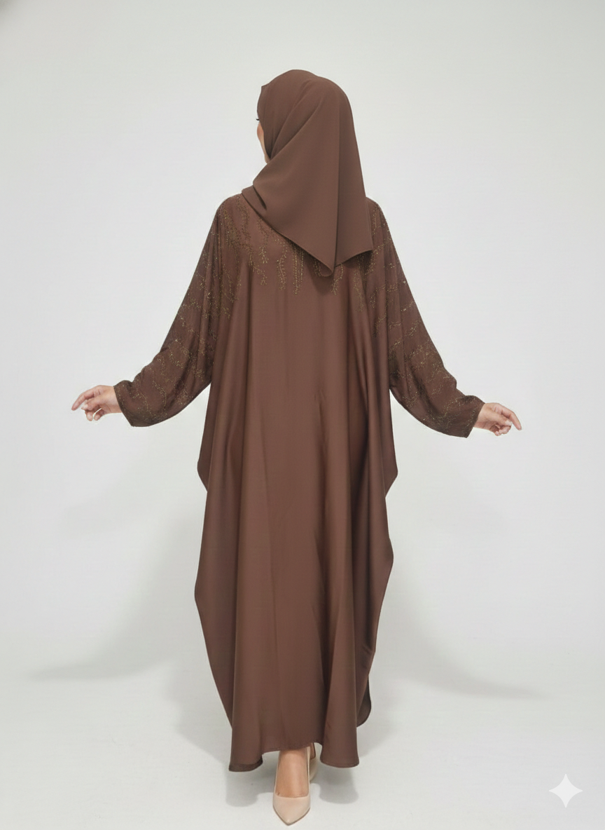 Rich Brown Satin Butterfly Abaya | GLAMOURA X Gold Vine Hand-Embellishment with Dramatic Farasha Silhouette