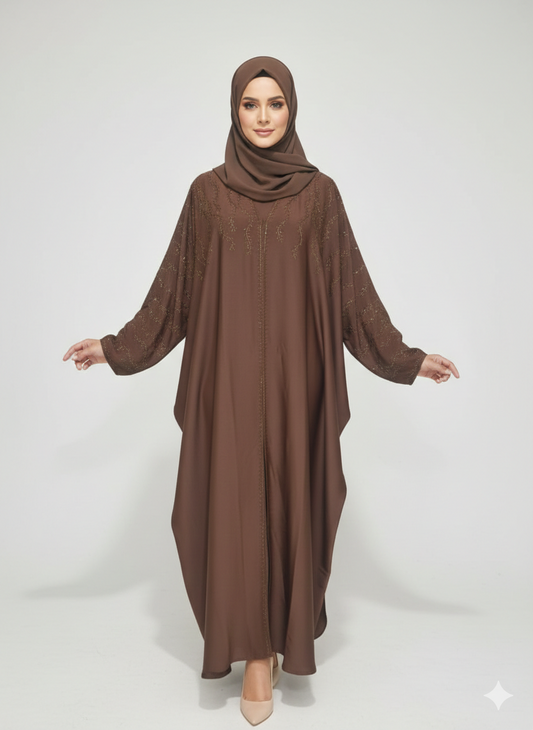 Rich Brown Satin Butterfly Abaya | GLAMOURA X Gold Vine Hand-Embellishment with Dramatic Farasha Silhouette