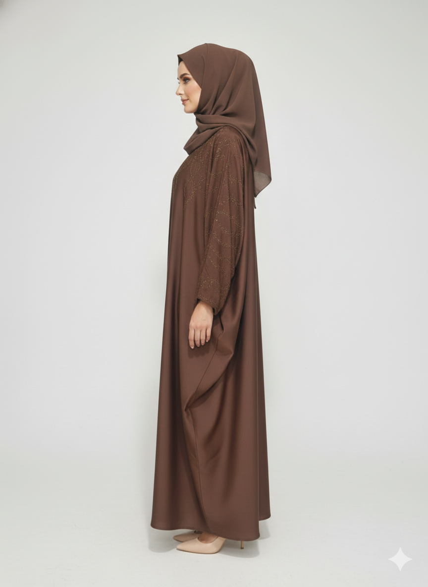 Rich Brown Satin Butterfly Abaya | GLAMOURA X Gold Vine Hand-Embellishment with Dramatic Farasha Silhouette