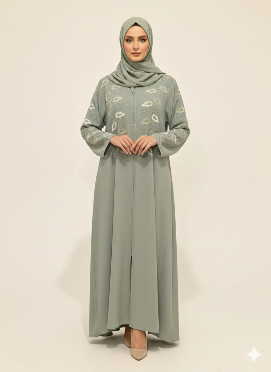 Glamoura X Sage Green Embroidered Abaya |Luxury Artisanal Motif Wrap with Tailored Straight Sleeves