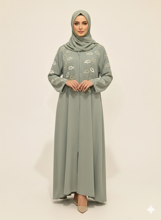 Glamoura X Sage Green Embroidered Abaya |Luxury Artisanal Motif Wrap with Tailored Straight Sleeves