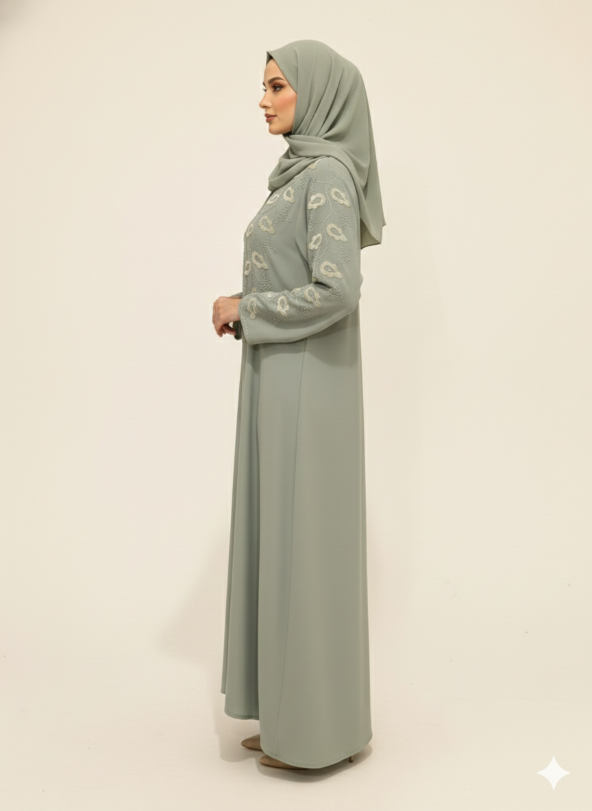 Glamoura X Sage Green Embroidered Abaya |Luxury Artisanal Motif Wrap with Tailored Straight Sleeves