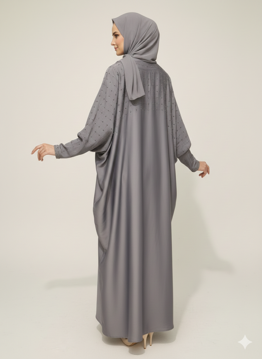 Storm Grey Butterfly Abaya | Glamoura XSilver Geometric Hand-Embellishment with Dramatic Farasha Drape