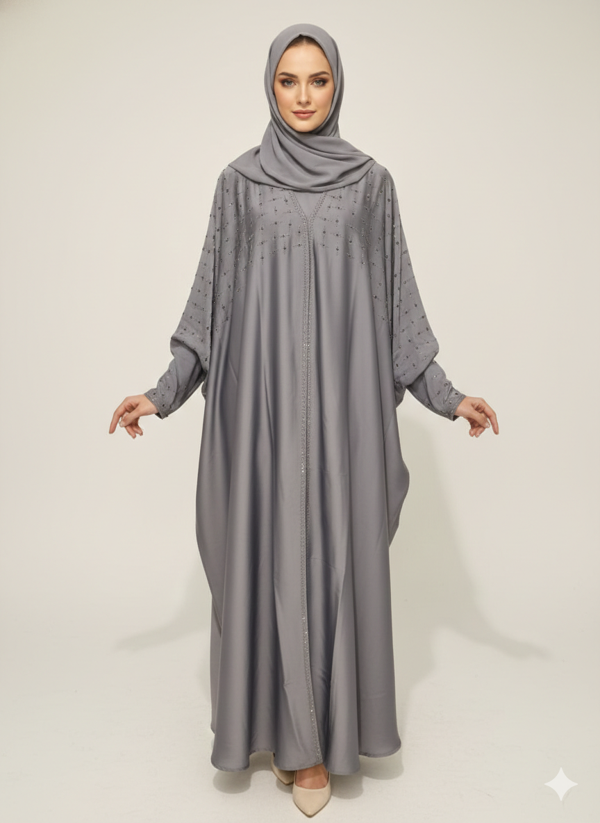 Storm Grey Butterfly Abaya | Glamoura XSilver Geometric Hand-Embellishment with Dramatic Farasha Drape