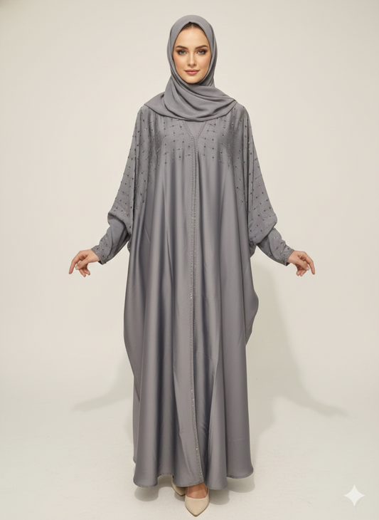 Storm Grey Butterfly Abaya | Glamoura XSilver Geometric Hand-Embellishment with Dramatic Farasha Drape
