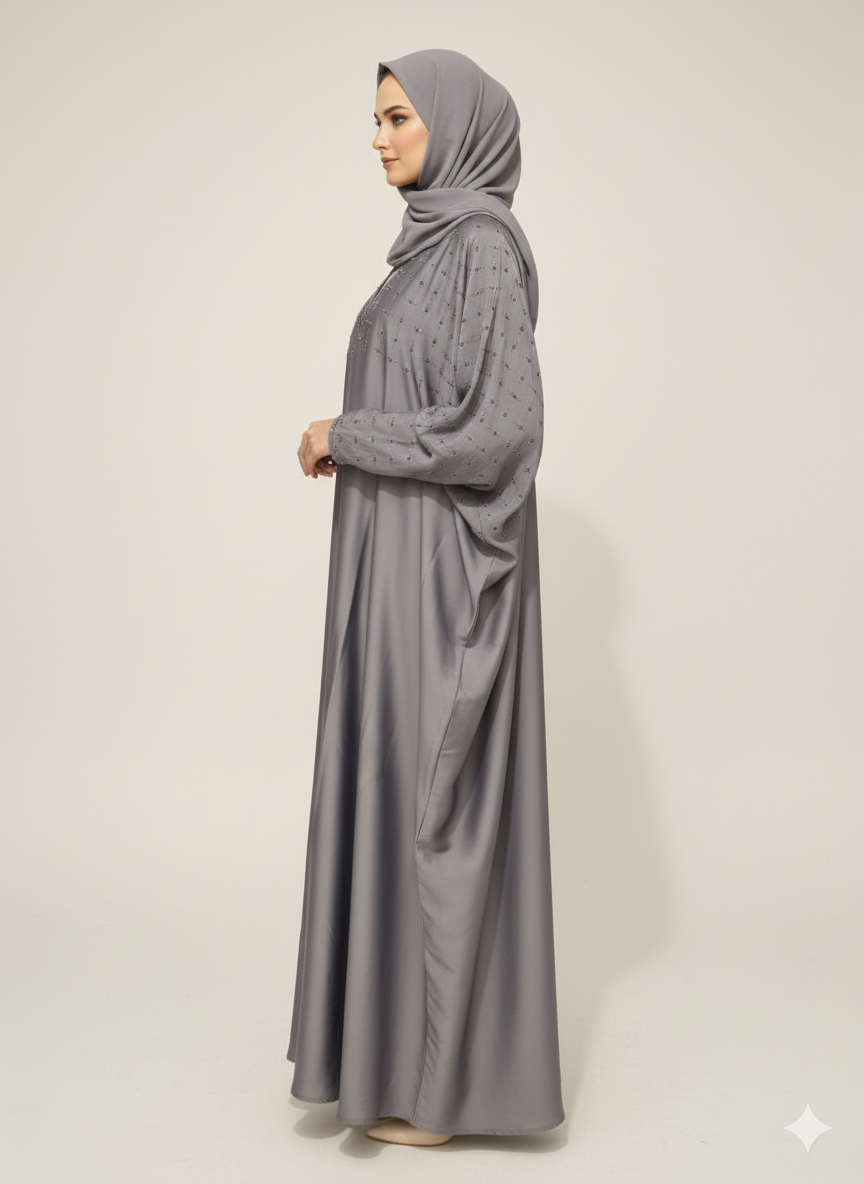 Storm Grey Butterfly Abaya | Glamoura XSilver Geometric Hand-Embellishment with Dramatic Farasha Drape