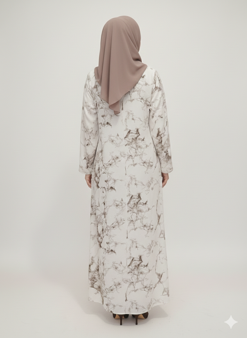 White & Coffee Marble Print Abaya | Glamoura X Luxury Chiffon-Finish Wrap with Tailored Straight Sleeves