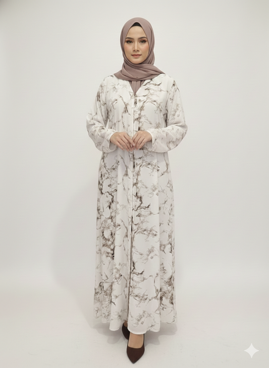 White & Coffee Marble Print Abaya | Glamoura X Luxury Chiffon-Finish Wrap with Tailored Straight Sleeves