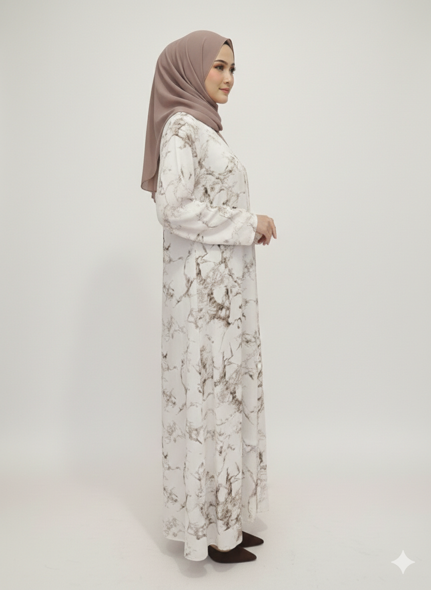 White & Coffee Marble Print Abaya | Glamoura X Luxury Chiffon-Finish Wrap with Tailored Straight Sleeves