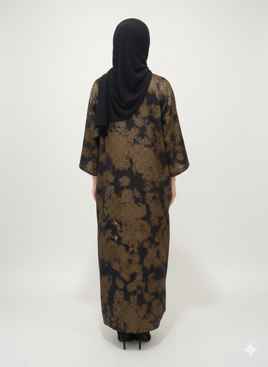 Black & Bronze Abstract Print Abaya |Glamoura X Luxury Metallic-Finish Wrap with Wide Tailored Sleeves