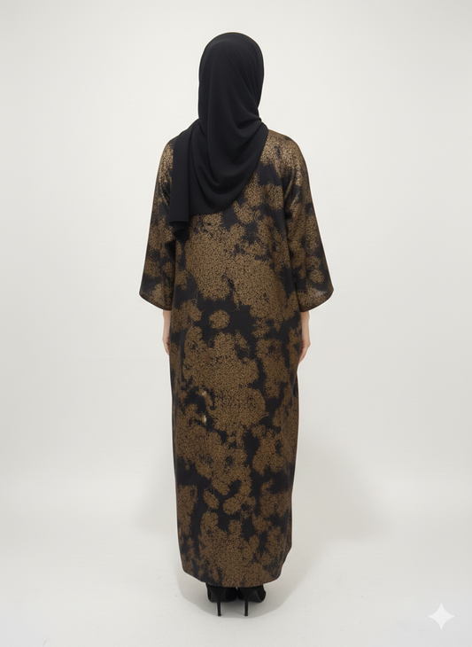Black & Bronze Abstract Print Abaya |Glamoura X Luxury Metallic-Finish Wrap with Wide Tailored Sleeves