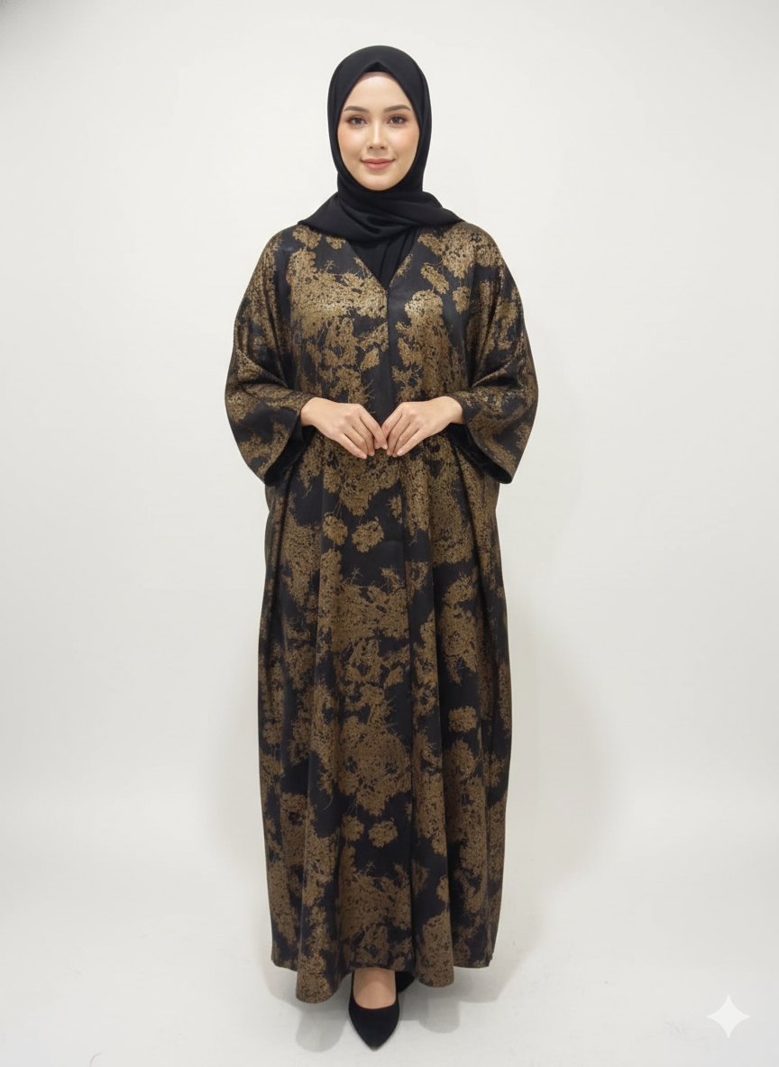 Black & Bronze Abstract Print Abaya |Glamoura X Luxury Metallic-Finish Wrap with Wide Tailored Sleeves