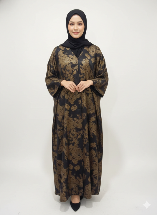 Black & Bronze Abstract Print Abaya |Glamoura X Luxury Metallic-Finish Wrap with Wide Tailored Sleeves