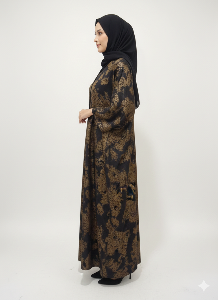 Black & Bronze Abstract Print Abaya |Glamoura X Luxury Metallic-Finish Wrap with Wide Tailored Sleeves