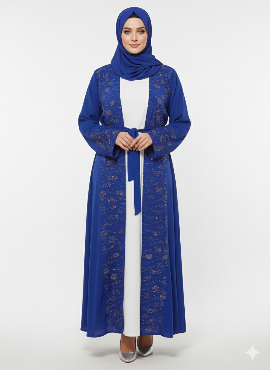 Glamoura X Blue Embellished Abaya | Gold Crystal Belted Modest Dress | Luxury Nida Fabric| Rizqé
