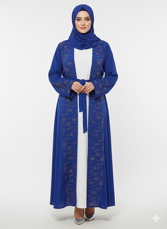 Glamoura X Blue Embellished Abaya | Gold Crystal Belted Modest Dress | Luxury Nida Fabric| Rizqé