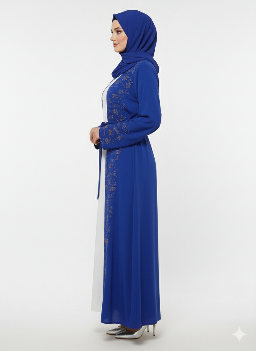 Glamoura X Blue Embellished Abaya | Gold Crystal Belted Modest Dress | Luxury Nida Fabric| Rizqé