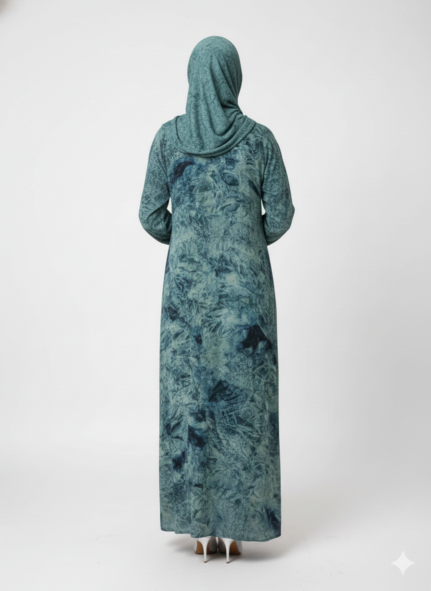 Teal & Seafoam Mineral Print Abaya | Glamoura X Luxury Textured Modest Chiffon Wrap