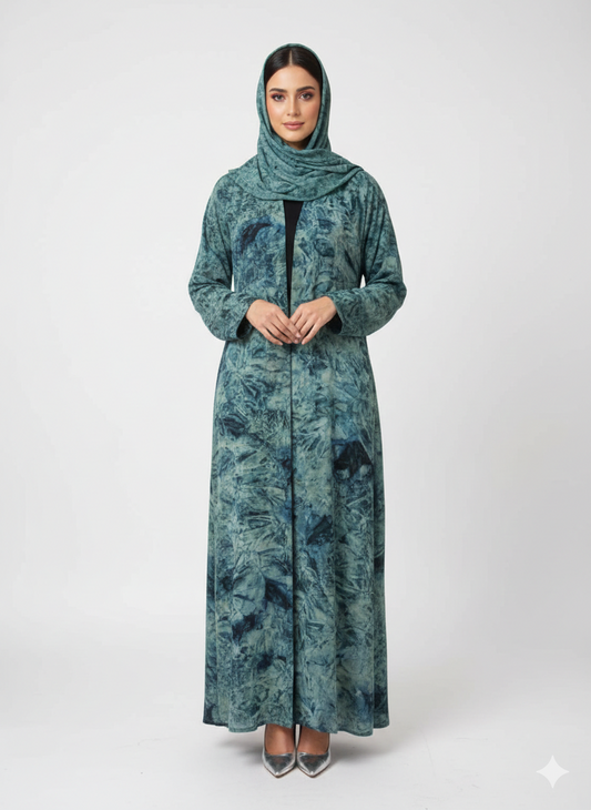 Teal & Seafoam Mineral Print Abaya | Glamoura X Luxury Textured Modest Chiffon Wrap
