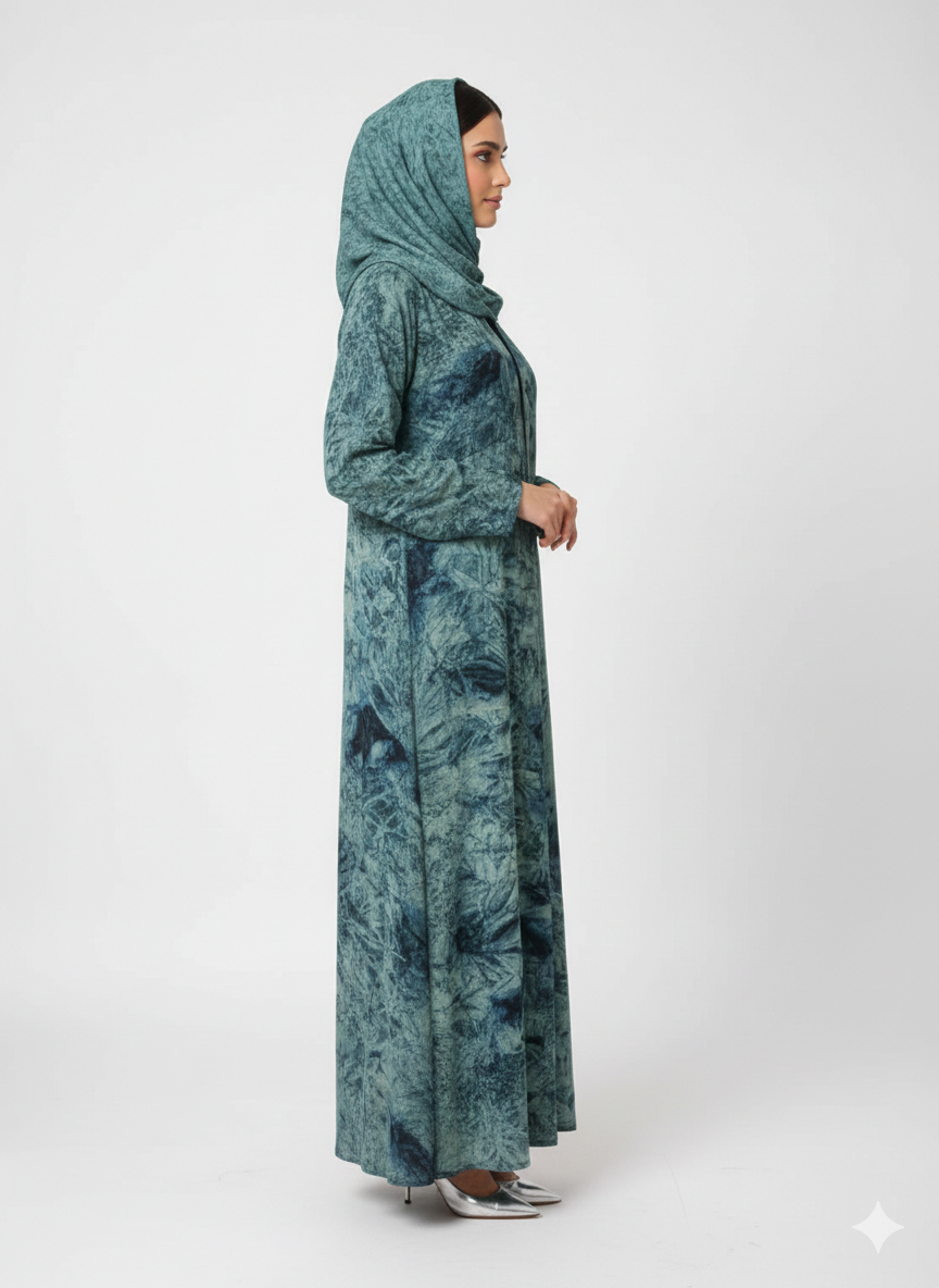Teal & Seafoam Mineral Print Abaya | Glamoura X Luxury Textured Modest Chiffon Wrap