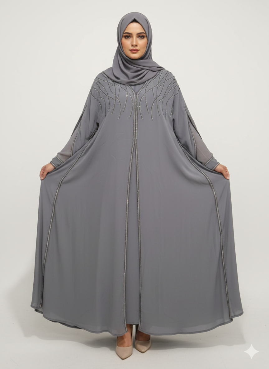 Glamoura X Steel Grey Layered Farasha Abaya |Silver Vine Hand-Embellishment with Sheer Chiffon Double Sleeves