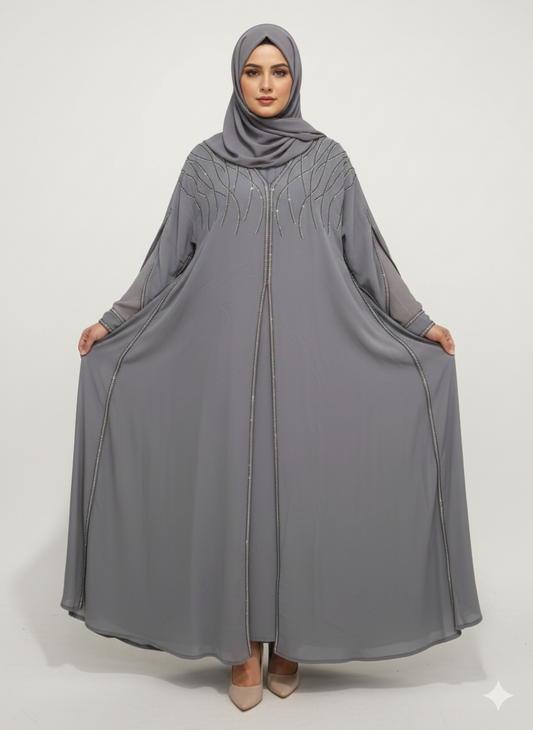 Glamoura X Steel Grey Layered Farasha Abaya |Silver Vine Hand-Embellishment with Sheer Chiffon Double Sleeves