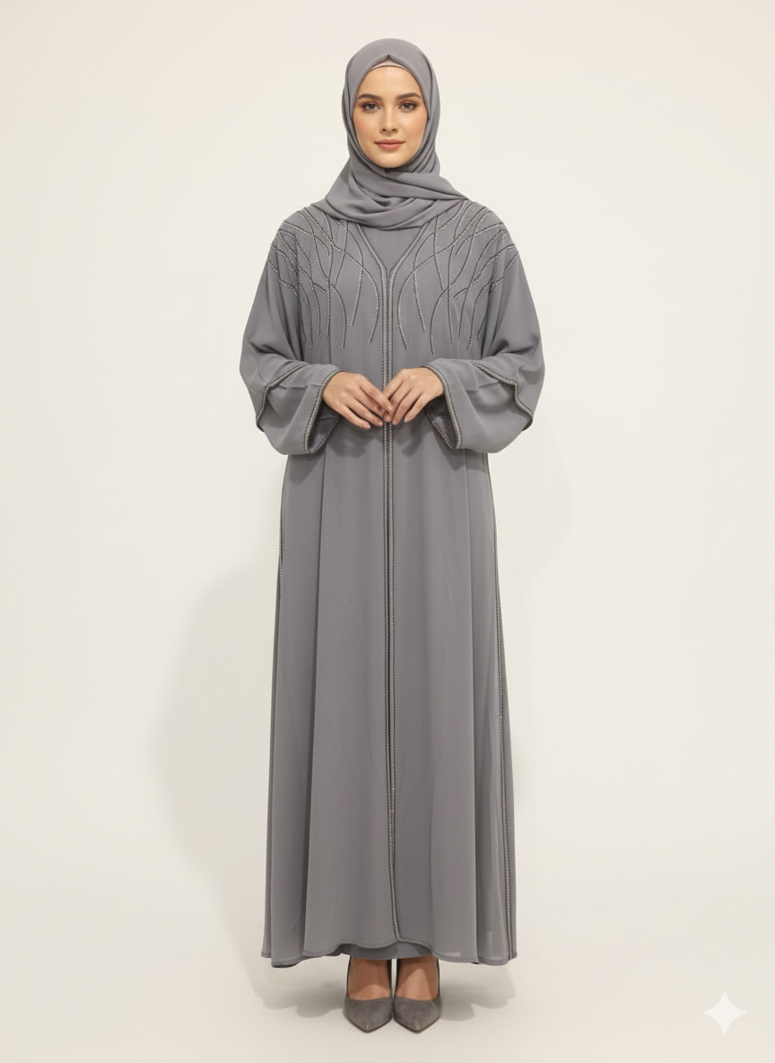 Glamoura X Steel Grey Layered Farasha Abaya |Silver Vine Hand-Embellishment with Sheer Chiffon Double Sleeves