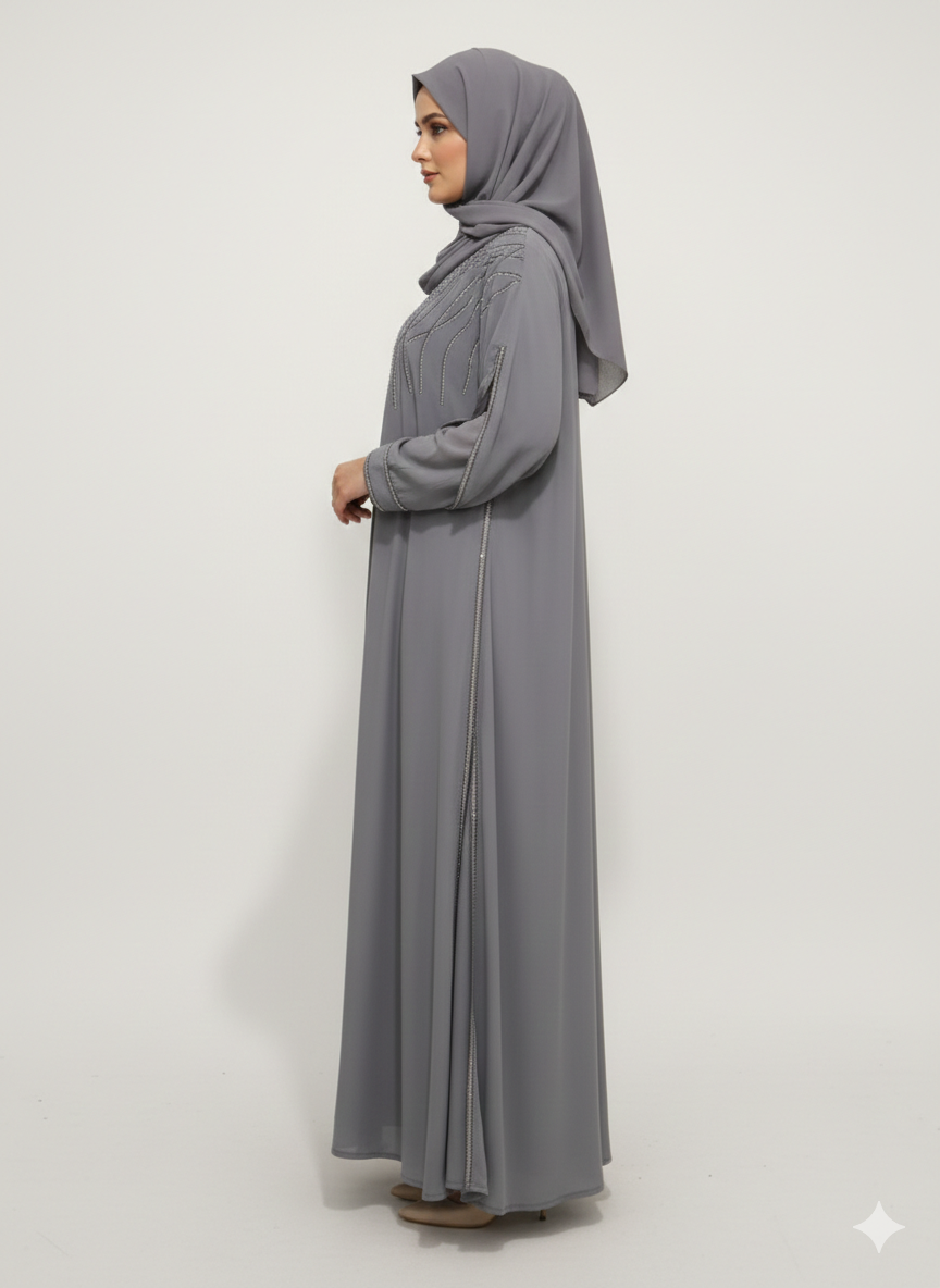 Glamoura X Steel Grey Layered Farasha Abaya |Silver Vine Hand-Embellishment with Sheer Chiffon Double Sleeves