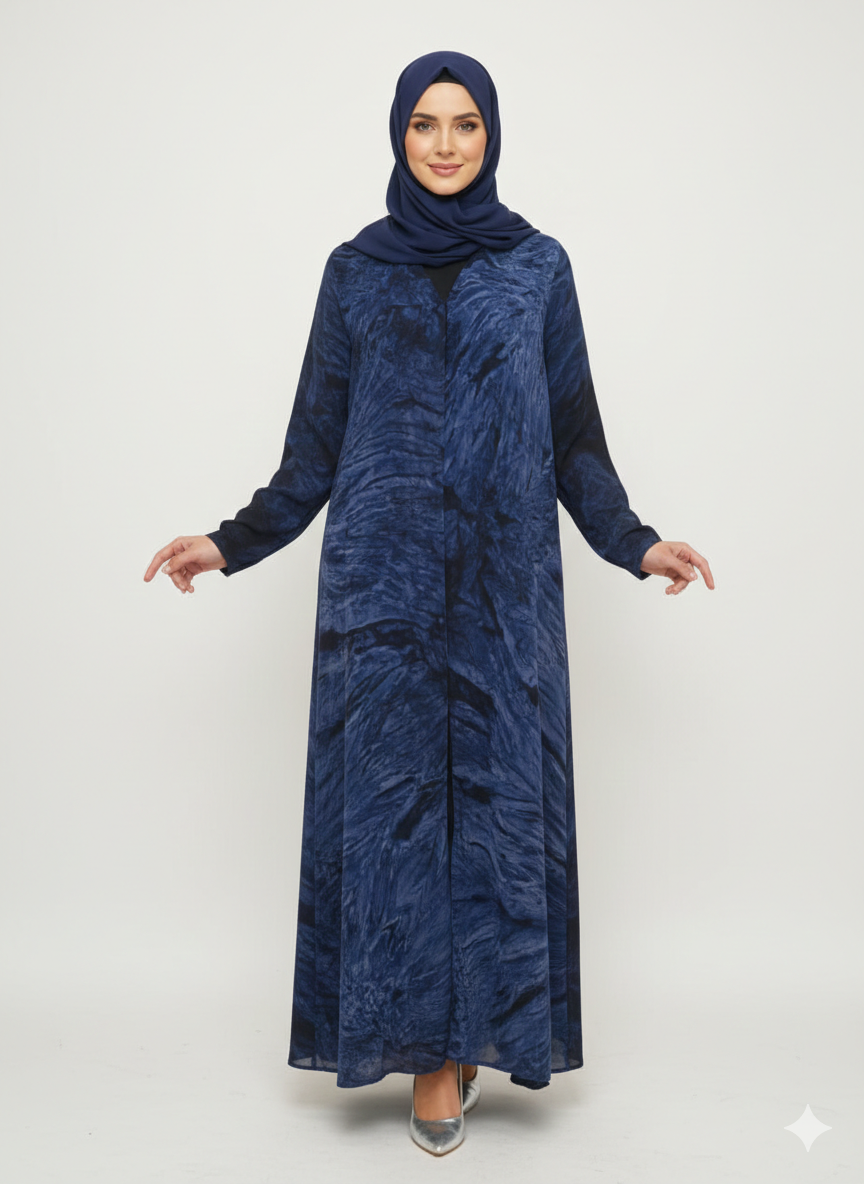 Dark Sapphire & Navy Marble Print Abaya | Glamoura X Luxury Modest Chiffon-Finish Wrap