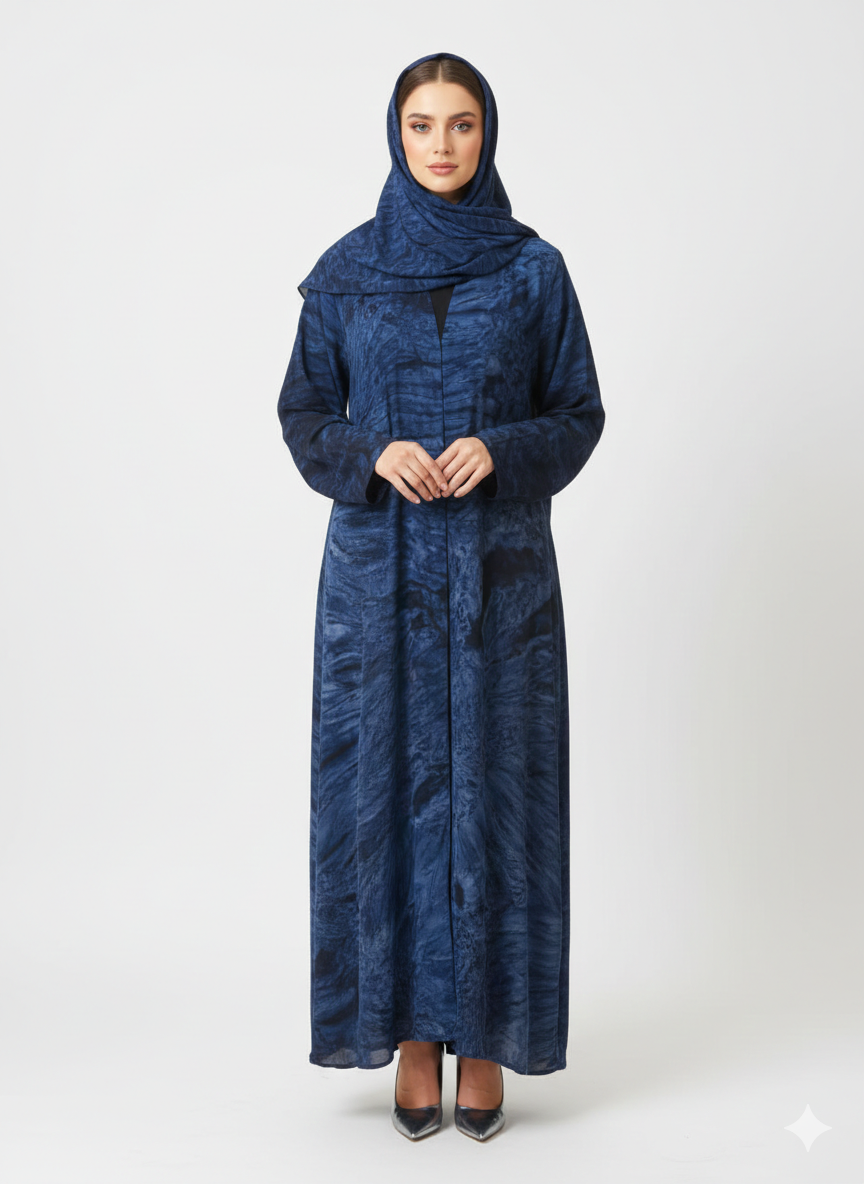 Dark Sapphire & Navy Marble Print Abaya | Glamoura X Luxury Modest Chiffon-Finish Wrap
