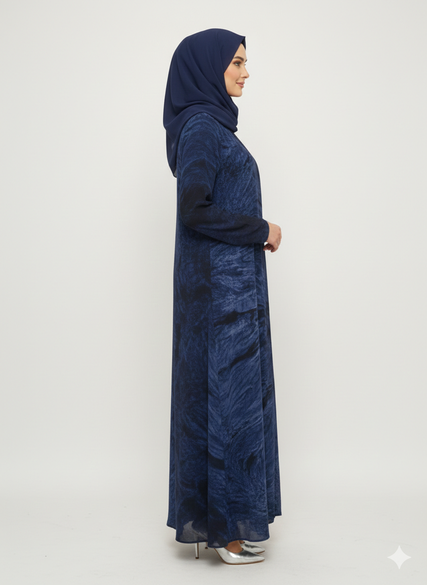 Dark Sapphire & Navy Marble Print Abaya | Glamoura X Luxury Modest Chiffon-Finish Wrap