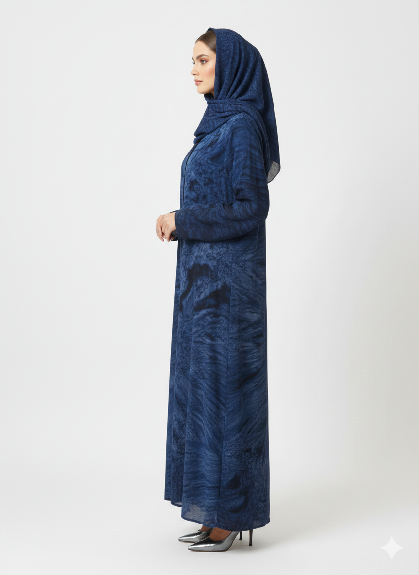 Dark Sapphire & Navy Marble Print Abaya | Glamoura X Luxury Modest Chiffon-Finish Wrap