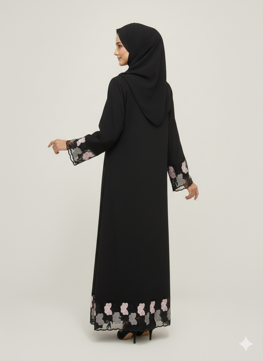 Black Abaya with Floral Organza Net Embroidery | Glamoura X Luxury Blush Pink & Grey Petal Border