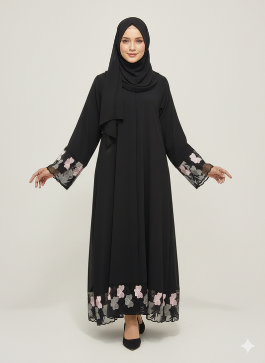 Black Abaya with Floral Organza Net Embroidery | Glamoura X Luxury Blush Pink & Grey Petal Border