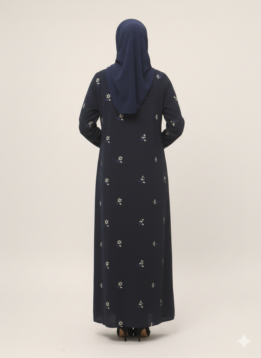 Navy Blue Floral Embroidered Abaya | GLAMOURA X Luxury Scattered Blossom Motif with Intricate Metallic Cuffs