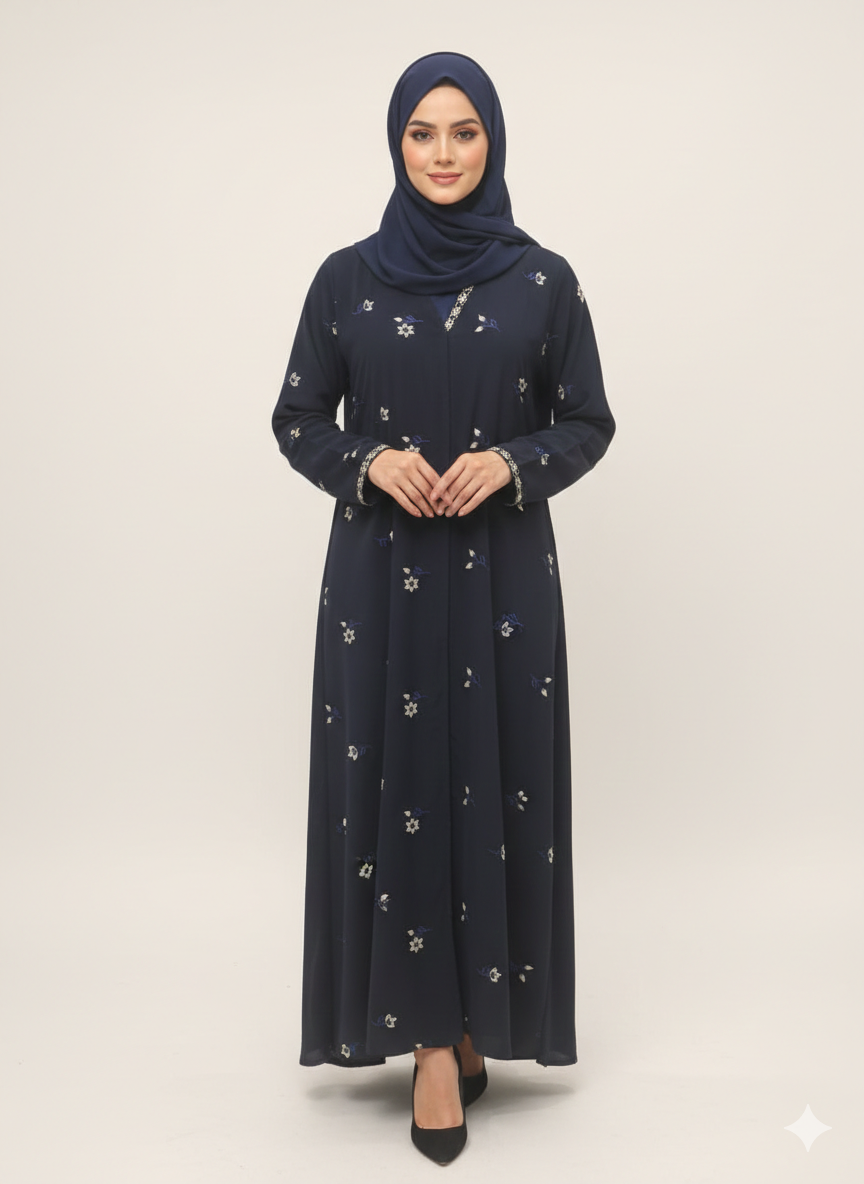 Navy Blue Floral Embroidered Abaya | GLAMOURA X Luxury Scattered Blossom Motif with Intricate Metallic Cuffs