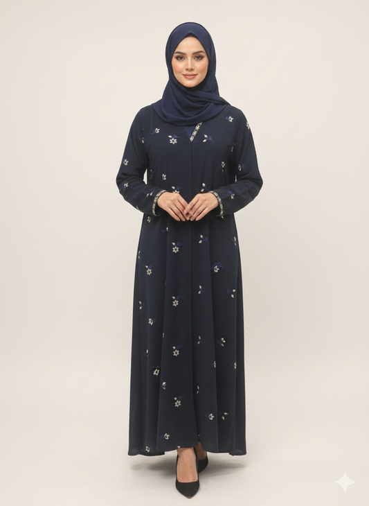 Navy Blue Floral Embroidered Abaya | GLAMOURA X Luxury Scattered Blossom Motif with Intricate Metallic Cuffs