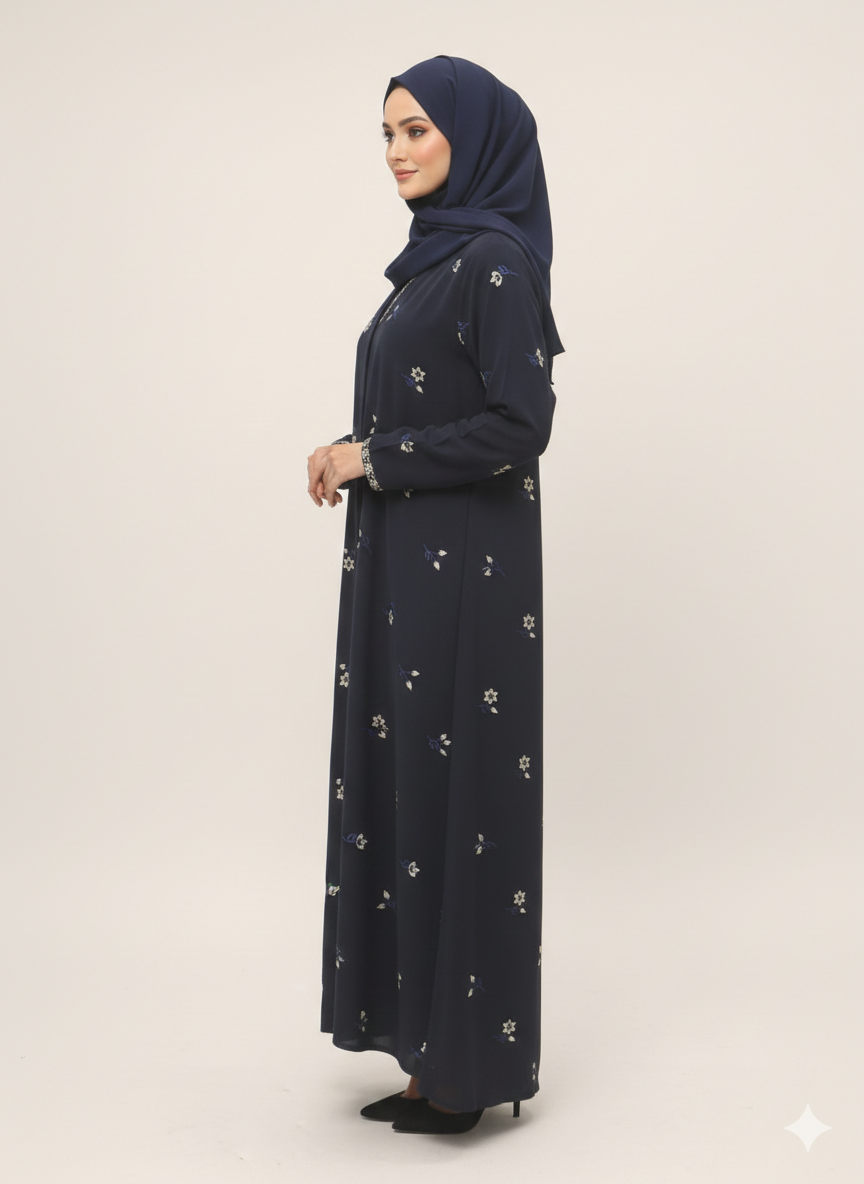 Navy Blue Floral Embroidered Abaya | GLAMOURA X Luxury Scattered Blossom Motif with Intricate Metallic Cuffs