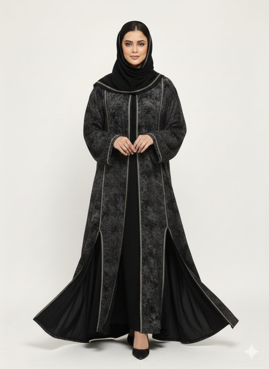 Black & White Abstract Print Abaya | Glamoura X ,Luxury Chiffon-Finish Wrap with Wide Flared Butterfly Sleeves