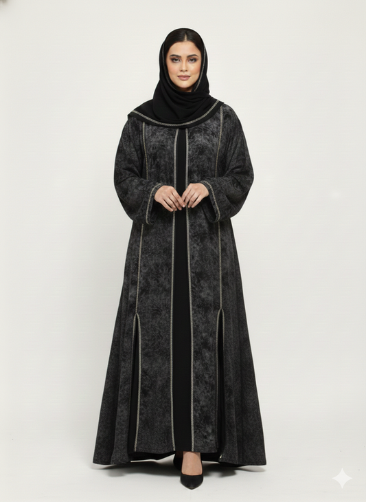 Black & White Abstract Print Abaya | Glamoura X ,Luxury Chiffon-Finish Wrap with Wide Flared Butterfly Sleeves