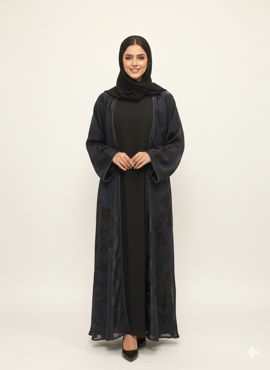 Navy & Charcoal Abstract Marble Abaya | GLAMOURA X Luxury Open-Front Wrap with Midnight Sapphire Tonal Prints
