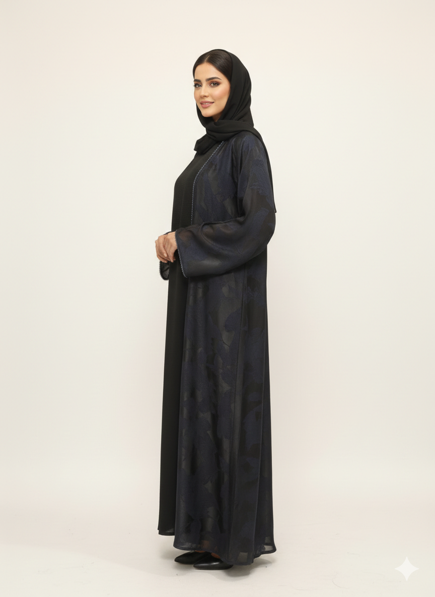 Navy & Charcoal Abstract Marble Abaya | GLAMOURA X Luxury Open-Front Wrap with Midnight Sapphire Tonal Prints