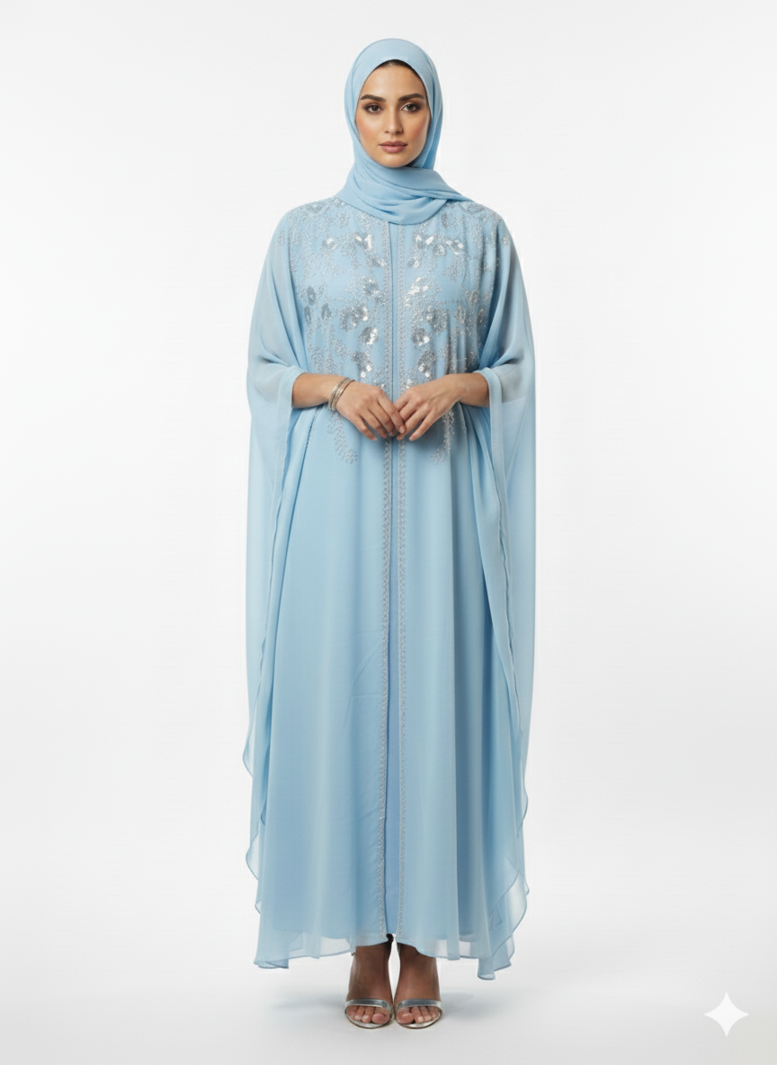 Glamoura X Sky Blue Kaftan Abaya | Embellished Butterfly Sleeve Modest Dress | Chiffon Luxury Fashion