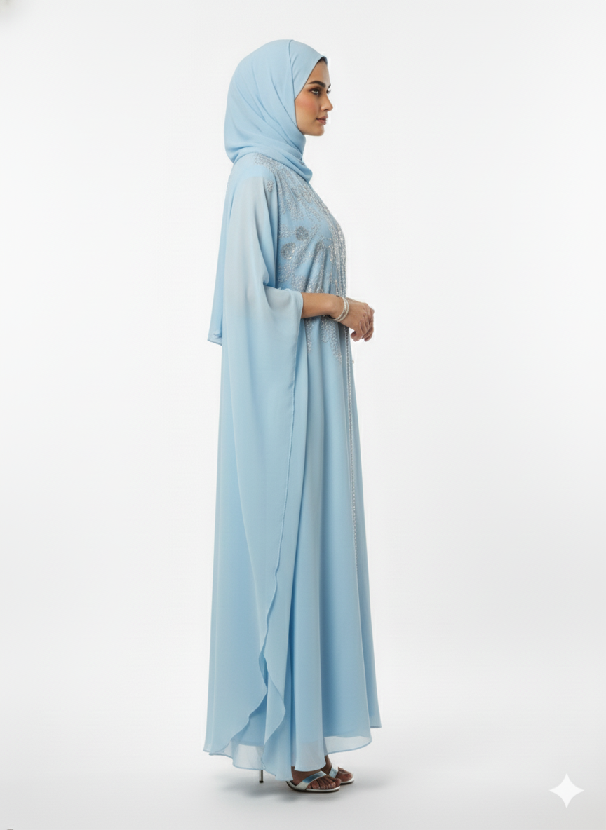 Glamoura X Sky Blue Kaftan Abaya | Embellished Butterfly Sleeve Modest Dress | Chiffon Luxury Fashion
