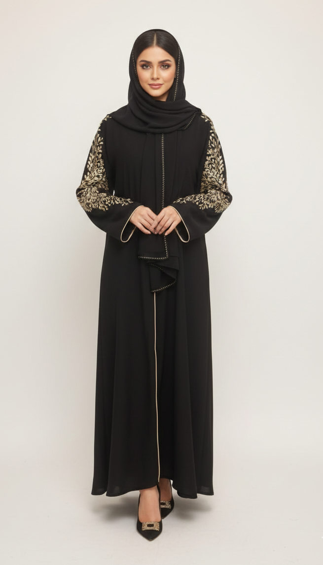 Jet Black Floral Gilded Midnight Embroidered Abaya | Glamoura X by Vissin Global Trading