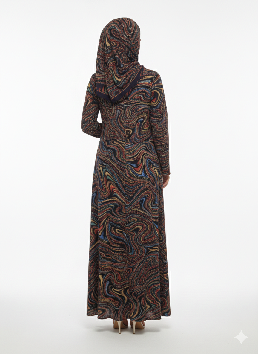 Glamoura X Azure Vortex Blue Kimono-Style Swirl Print Abaya