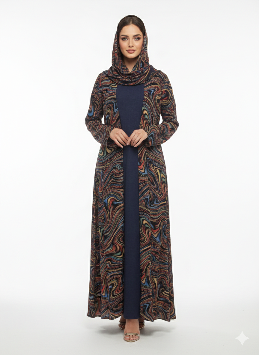 Glamoura X Azure Vortex Blue Kimono-Style Swirl Print Abaya