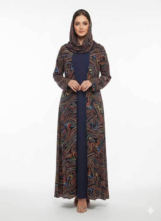 Glamoura X Azure Vortex Blue Kimono-Style Swirl Print Abaya